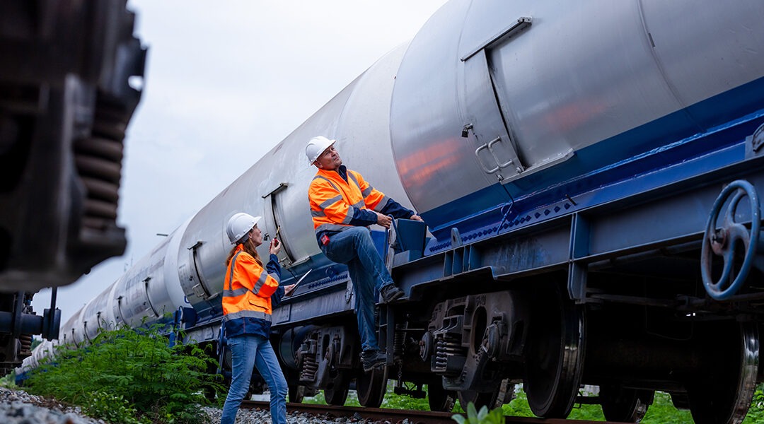 railway inspectors conducting tanker train safety inspection